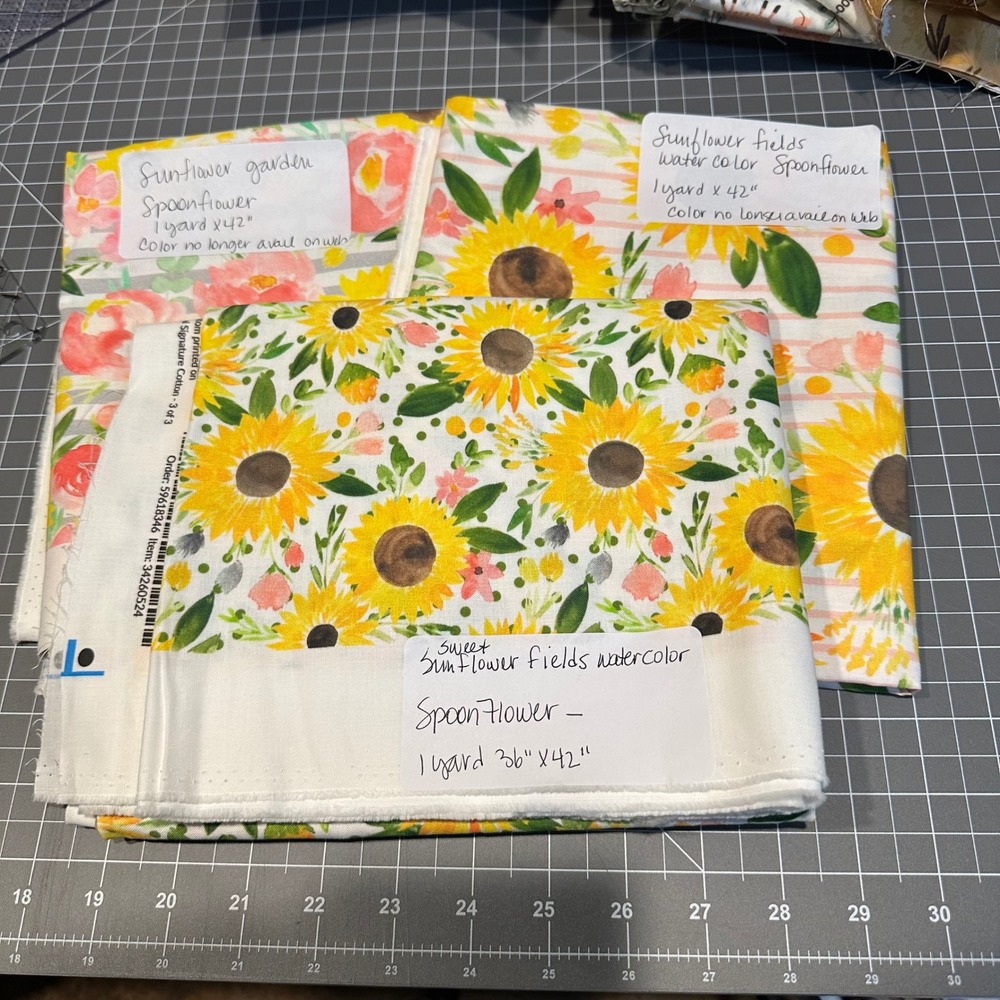 Spoonflower Sunflower Floral Cotton Fabric Bundle 3 Yards Watercolor Prints